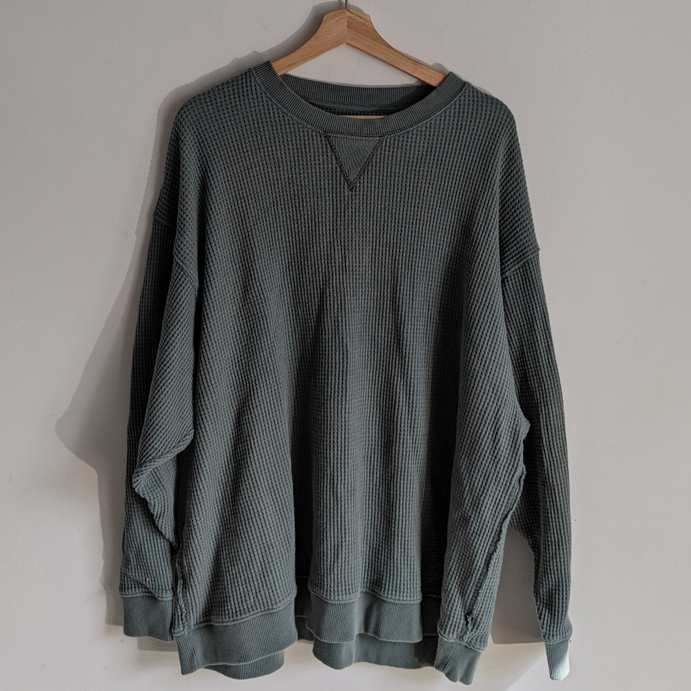 Aerie Sage Green Waffle Knit Crewneck Sweatshirt